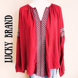 Lucky Brand Red Bohemian Embroidered Peasant Top